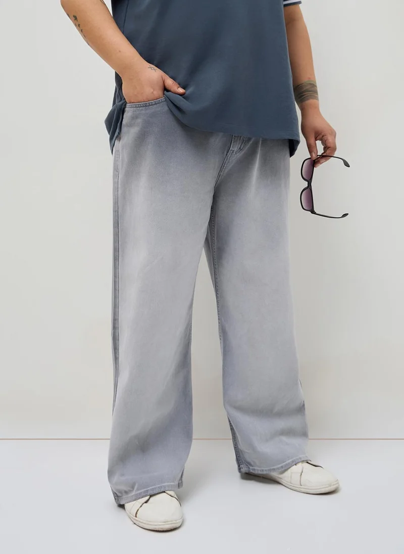Urbano Fashion Urbano Plus Men's Light Grey Loose Baggy Fit Heavy Washed Faded Denim Jeans Non-Stretchable